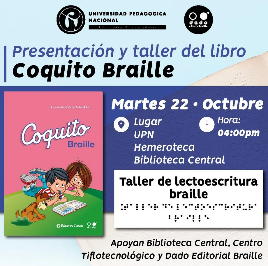 Poster con la caratula de del libro Coquito Braille, donde se ven una niña, un niño y a lado un perrito.