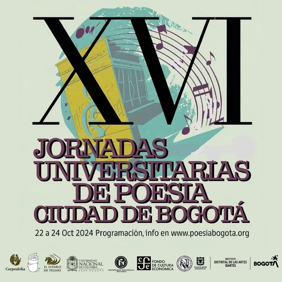 Poster con el número ocho en romano, título Jornadas Universitaria de poesía ciudad de Bogotá, 22 a 24 de Octubre 2024, mas información www.poesiabogota,org