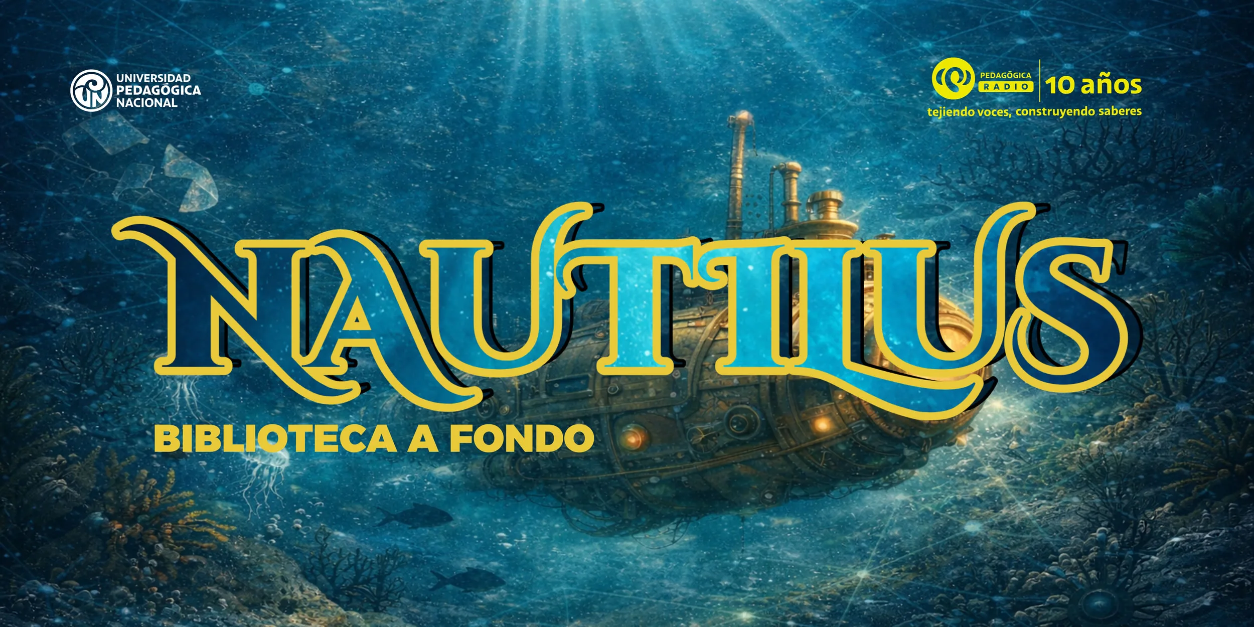 Poster con el título, Nautilus Biblioteca al aire, con un submarino dejando como huella hojas de libros.