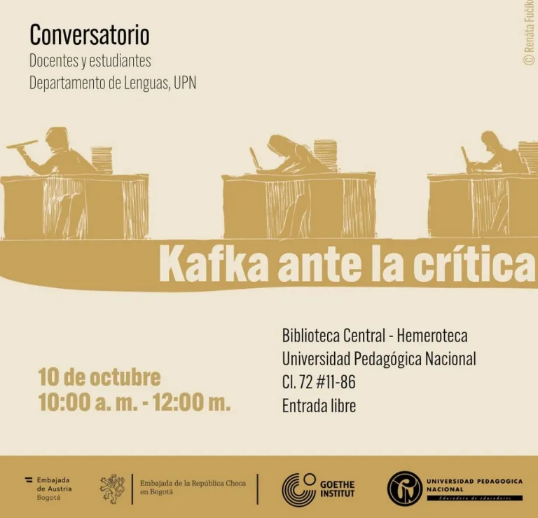 Poster conversatorio Kafka ante la crítica, donde se ven 3 ilustraciones de estudiantes escribiendo.