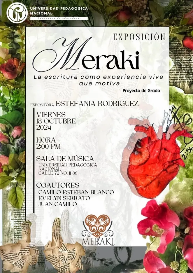 Poster de la exposición Meraki, fondo de rosas, unas manos hechas en papel de libro y un corazón.