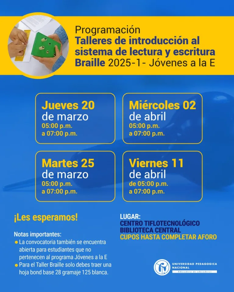 Pieza grafica e informativa sobre los talleres de introducción al sistema de lectura y escritura braille del Centro Tiflotecnológico.