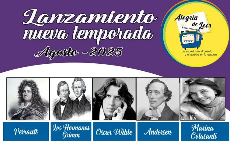 Poster del lanzamiento del programa de radio la alegría de leer, se visualizan varios las fotografías de 5 autores.